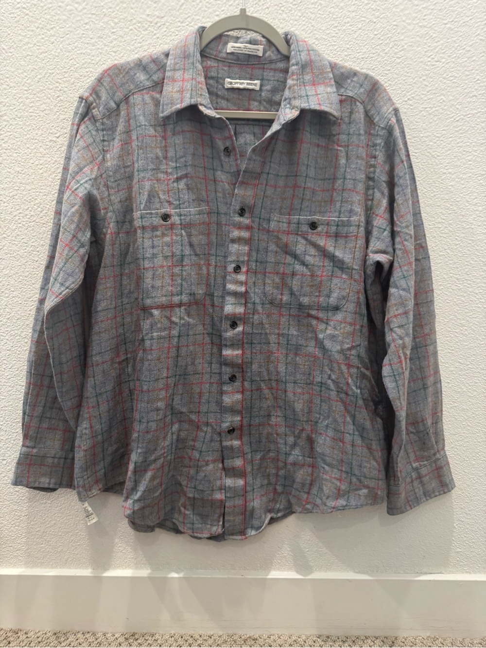 Geoffrey Beene wool gray long-sleeve button-up shirt w/ red & blue plaid pattern